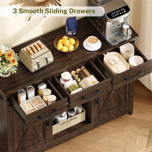 TEENFON Coffee Bar Cabinet with 3 Drawers, Farmhouse Buffet Cabinet - Image 5