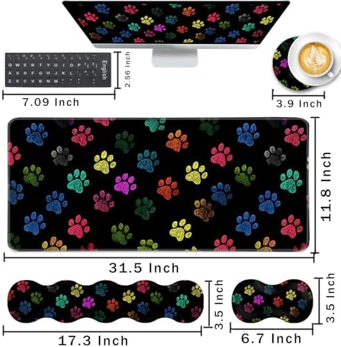Keyboard Wrist Rest and Mouse Pad with Wrist Support Set Ergonomic Coaster,Memory Foam,Easy Typing Pain Relief,Large XL Desk Mat 31.5"x 11.8",Colorful Paw Prints - Image 2