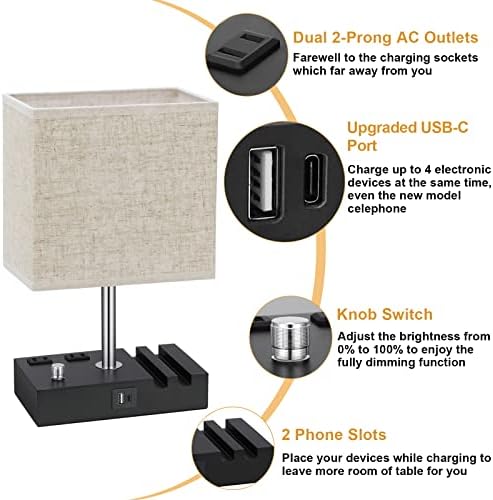 Beige Table Lamp for Bedroom - Stepless Dimmable, USB C+A, 2 AC Outlets - Image 6