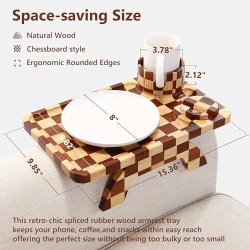 Checkered Rubber Wood Couch Arm Tray, Sofa Armrest Tray with Rotating Cup Holder & Phone Stand, Large Clip-on Sofa Side Table Furniture for Drinks & Remote, 15.36"x9.85", Gift Box - Image 2