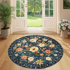 DUKINO 4ft Round Rug, Floral Washable Small Round Area Rug, Navy Blue - Image 5