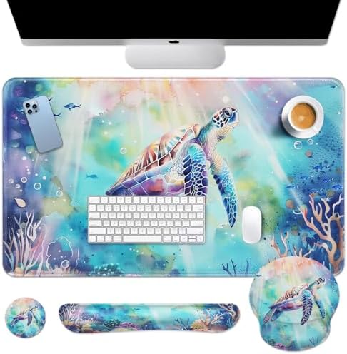 Britimes Keyboard Mouse Pad Set, 4 in 1 Desk Mat Set, Sea Turtle Cute by Britimes