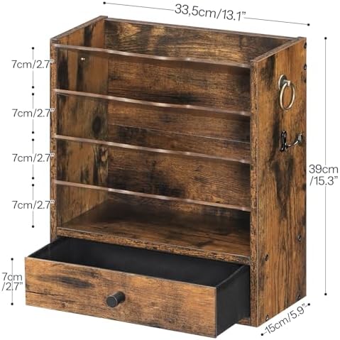 HOOBRO Wall File Organizer, Mail Organizer Wall Mounted, Wooden Literature Organizer, Construction Paper Organizer with Drawer Storage and 2 Hooks, for Office, Classroom, Home, Rustic Brown FG14WF01 - Image 3