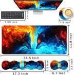 Keyboard Wrist Rest and Mouse Pad with Wrist Support Set Ergonomic Coaster,Memory Foam,Easy Typing Pain Relief,Large XL Desk Mat 31.5"x 11.8",Ice Wolf and Fire Wolf - Image 2