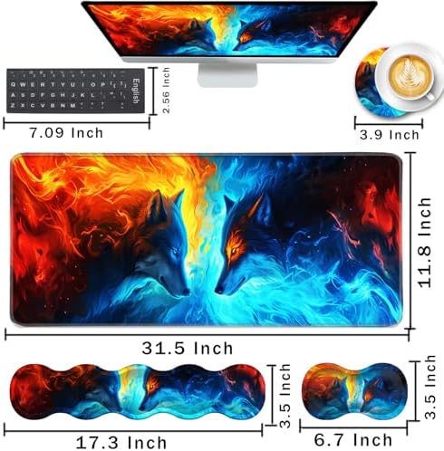 Keyboard Wrist Rest and Mouse Pad with Wrist Support Set Ergonomic Coaster,Memory Foam,Easy Typing Pain Relief,Large XL Desk Mat 31.5"x 11.8",Ice Wolf and Fire Wolf - Image 2