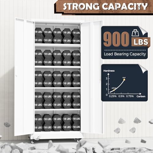 INTERGREAT Metal Garage Storage Cabinet with Wheels, Rolling Storage Cabinet with Locking Doors and 4 Adjustable Shelves,- 73" Steel Tool Cabinet for Home Office,Garage,Warehouse，White - Image 7
