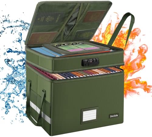 DocSafe File Box with Lock,Multi-Layer Fireproof Document Box Collapsible File Storage Organizer with Pockets/Handle,Portable Home Office Filing Cabinet for Hanging Letter/Legal Size Folders,Green by DocSafe