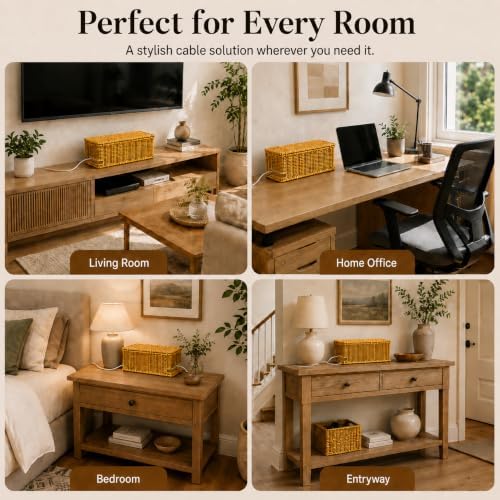 Cable Management Box, Faux Rattan Cord Organizer Basket for Power Strips - Image 3