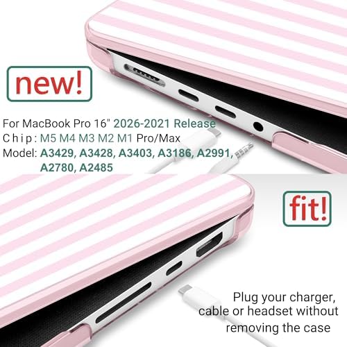 DONGKE Compatible with MacBook Pro 16 Inch Case (2026-2021 Release, M5 M4 M3 M2 M1 Pro/Max Chip), Plastic Hard Shell with Keyboard Cover & Screen Protector for MacBook Pro 16", Pink & White Stripes - Image 2