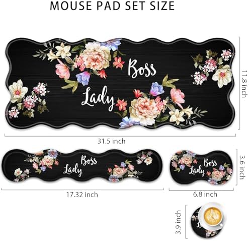 4 in 1 Desk Mat Set,Mouse Pad with Keyboard Wrist Rest,Wave-Shaped Design,Non-Slip Rubber Base,Waterproof,for Home,Office,Gaming,Flower Boss Lady - Image 2