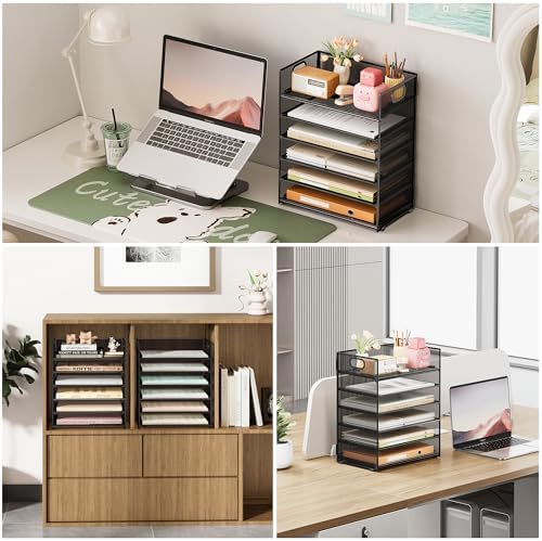 Subekyu 2-Pack 6-Tier Paper Tray Organizer for Desk - Black Mesh File Folder Sorter with Handles, Desk Letter Holder for Office, Home, School Supplies Storage & Organization - Image 3