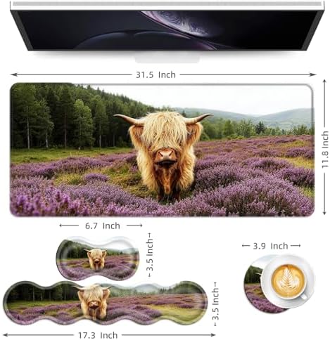 Keyboard Mouse Pad Set, Extended Gaming Mouse Pad+Ergonomics Keyboard Wrist Rest Support, Memory Foam, Easy Typing Pain Relief, 4Pcs XL Ultra Thick Desk Mat,Highland Cow - Image 6