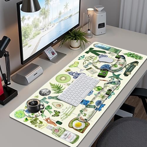 Mouse Pad, 4 in1 Large Desk Mat, Desk Pad Matt for Desktop, Anti-Slip XXL Big Computer Ergonomic Mousepad with Wrist Support for Keyboard and Mouse for Women I Green Theme Stickers - Image 2