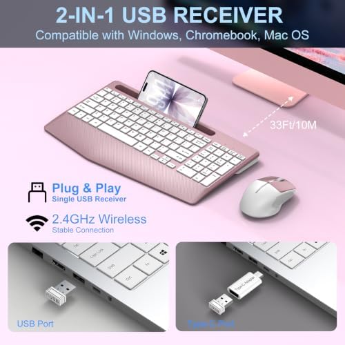 Rechargeable Silent Wireless Keyboard and Mouse Combo, Ergonomic Wrist Rest & Phone Tablet Holder, USB-C Adapter Included, 2.4G Lag-Free Cordless Set for Windows Mac Laptop PC Home Office (Rose Gold) - Image 4