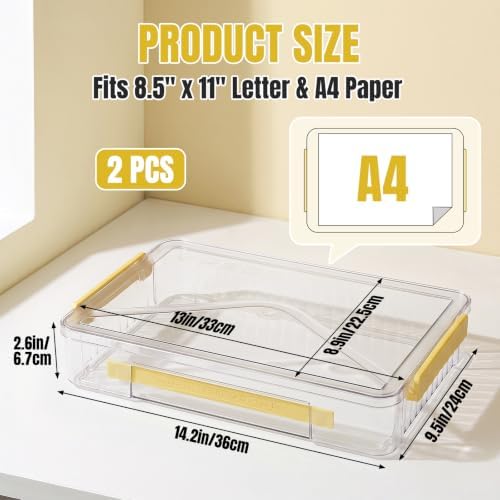 Clear Document Box, Deep A4 Paper Storage Organizer with Snap Latches, Stackable File Case for Certificates Photos Letter Size, Magazine Protector, 14.37" x 9.44" x 2.75" (2 Pack), Yellow - Image 2