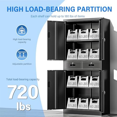 BESFUR Metal Storage Cabinet with 2 Drawers and Adjustable Shelves, 71" H Locking Storage Cabinet for Office, Garage, Home, School, Utility -Black - Image 6