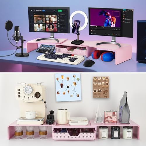 LEKETREE Dual Monitor Stand Riser with Drawer, Desk Organizer and Accessories, Pink Monitor Stand for Desk, Desktop Stand for Computer, Laptop, TV and More (Pink) - Image 4