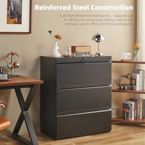 Guizeeopo Metal File Cabinet with Lock, 3 Drawer Lateral File Cabinets for Home Office, Heavy Duty Office Storage Cabinet for A4/Letter/Legal Size, Assembly Required(Black) - Image 3