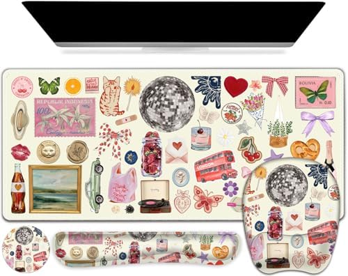 Beige Mouse Pad with Wrist Support 4 in1 Set, XXL Big Game Mousepad + Keyboard Wrist Rest + Mouse Wrist Rest Pad +Coaster Gaming Mat for Home Office Work Computer I Cute Design Stickers by NXZGO