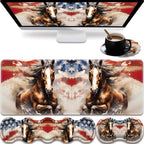 31.5"x 11.8" Oversized Gaming Mouse Pad Set, Ergonomic Keyboard and Mouse Wrist Rest + Cup Holder, Non-Slip Desktop Pad, Suitable for Home and Office Use, American Flag and Horse by FOKBVNFLL