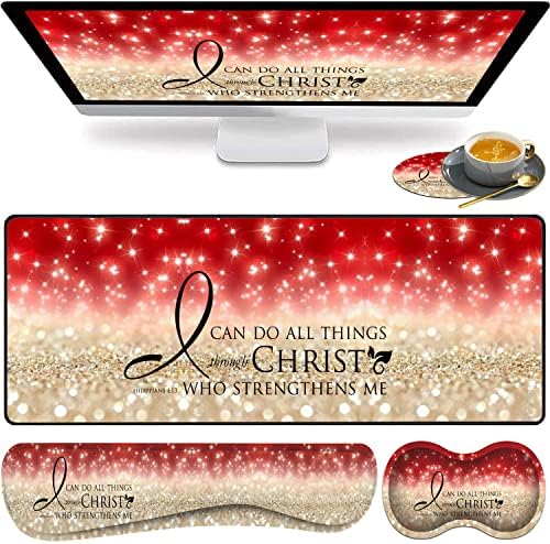 Large Gaming Mouse Pad, Keyboard Wrist Rest pad + Mouse Wrist pad + Coaster Set Extended Waterproof Non-Slip Table mat Suitable for Home Office Learning Games - Bible Verse Pink Philippians 4-13 by HTTYYTRYT