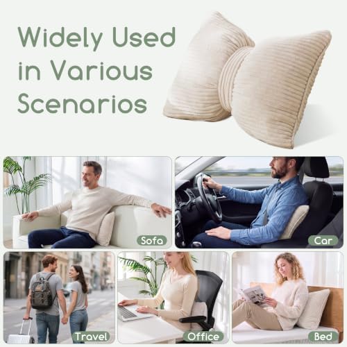 HIGOGOGO Lumbar Support Pillow for Recliner Chair, Bow Knot Shaped Back Support Cushion, Striped Corduroy Soft Decorative Lumbar Pillow for Office Chair, Sofa, Car, Bed, Living Room - Beige - Image 5