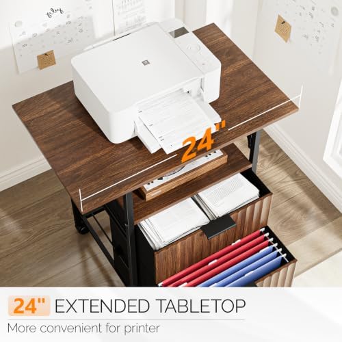 VINGLI 2 Drawer File Cabinet with 24'' Extended Desktop, Fluted Filing Cabinet Mobile Under Desk File Cabinet with Wheels, Fabric Drawers Printer Stand for Home Office, Fits Letter Size, Walnut - Image 7