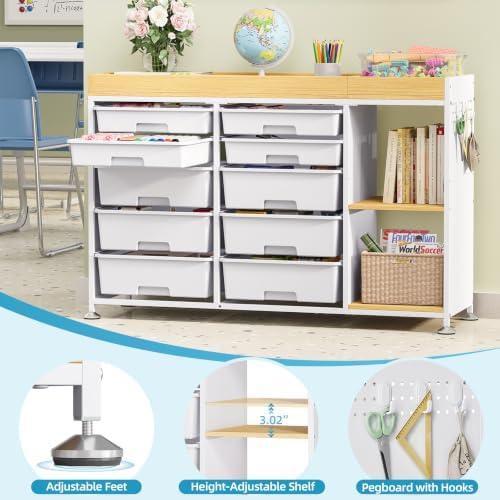 10 Drawer Storage Cabinet with Height-Adjustable Shelves & Wood Top, White - Image 6