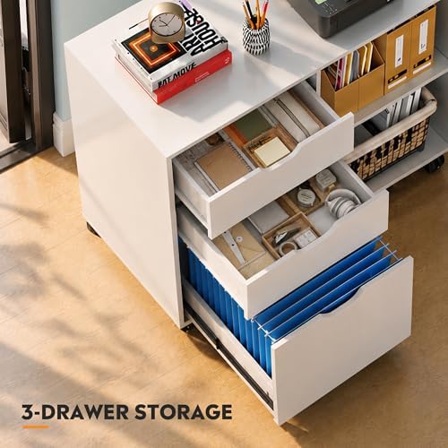 DEVAISE 3 Drawer Wood File Cabinet, Rolling Filing Cabinet with Open Storage Shelf, Printer Stand for Home Office Storage and Organization, Fits Letter/A4 Files (White, Recessed Pull) - Image 4