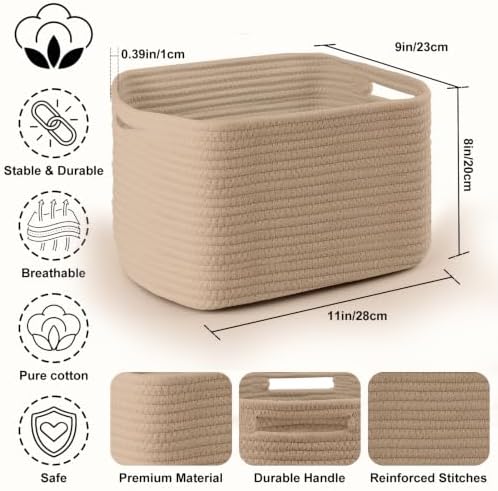 4 Pack Storage Baskets for Organizing, 11''Lx9''Wx8''H Woven Baskets for Storage Toys, Towels, Books, and Clothes, Cotton Rope Basket for Shelves with Handle Brown - Image 2