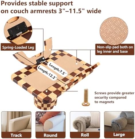 Checkered Rubber Wood Couch Arm Tray, Sofa Armrest Tray with Rotating Cup Holder & Phone Stand, Large Clip-on Sofa Side Table Furniture for Drinks & Remote, 15.36"x9.85", Gift Box - Image 5
