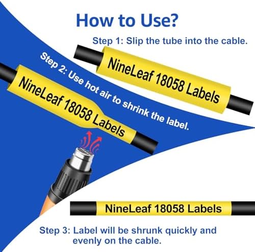 NineLeaf 8 Pack Compatible Labels Tape Replacement for Dymo 18058 3/4 inch Black on Yellow Heat Shrink Tube Labels 19mm x 1.5m for Wires and Cables Use in Rhino 4200 5200 5000 6000 3M Label Maker - Image 4