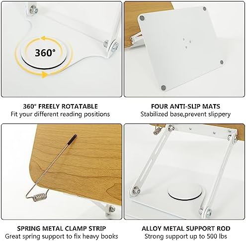 Book Stand for Reading,360°Rotating Base Book Holder for Reading Hands Free,Cookbook Stand,Wooden Panel Aluminium Base Stand for Cookbook,Laptop,Textbook - Image 4