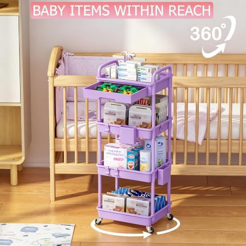 REBECAT 4 Tier Rolling Cart with Drawer, Utility Storage Cart on Wheels for Kitchen, Bathroom, Living Room,Office(Purple) - Image 3