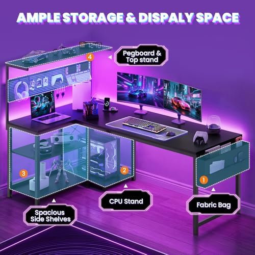 55in L Shaped Gaming Desk with Pegboard & Shelf & Storage Bag, Black - Image 6