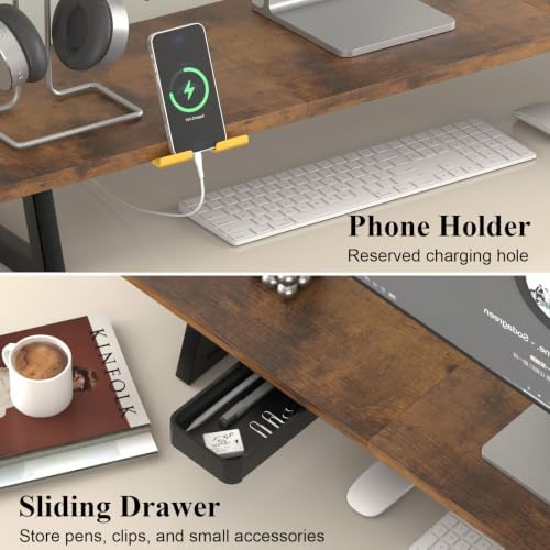 TEAMIX 39.4 inch Dual Monitor Stand Riser with Drawer & Phone Holder, Brown - Image 6