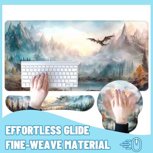 Dragon Desk Mat Set Fantasy Mountain Landscape Fire Sky Large Mouse Pad with Wrist Rest 4in1 Desk Mat for Desktop Ergonomic Computer Desk Arm Wrist Anti-Slip Computer Mouse Pad Home Office Gaming - Image 4