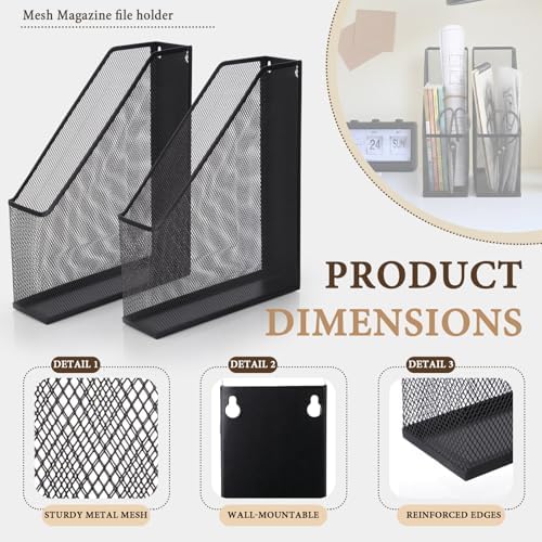 Sliner 6 Pack Black Metal Magazine Holder Mesh Steel Document Rack 1 Section File Organizer Extra Wide Magazine Folder Storage Desk Tidy for Office Home, 12.6"x 9.8"x 3" - Image 2