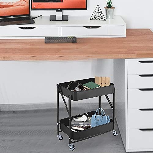 Melody House 2-Tier Metal Folding Rolling Cart, Mobile Utility Cart Trolley Storage Organizer for Office Home Kitchen Organization, Sofa Side End Table with Wheels, Black - Image 5
