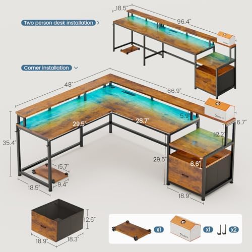 SEDETA 66" Reversible L Shaped Office Desk with Power Outlet, File Drawer - Image 3