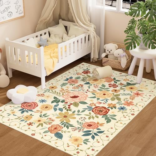 DUKINO 4x6 Area Rug, Floral Washable Office Chair Rug Non Slip Beige Yellow by DUKINO