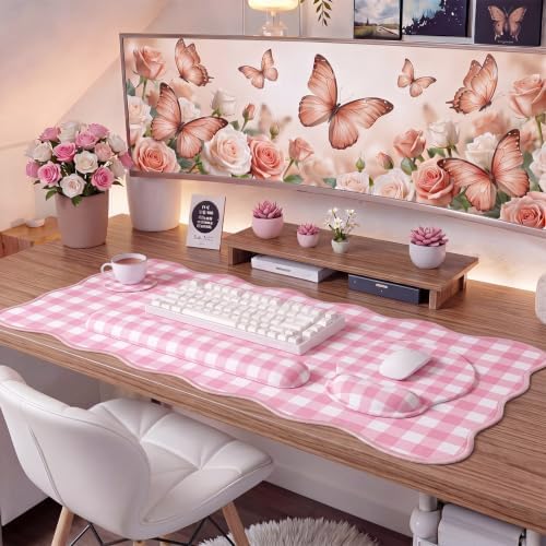 Sabary Gingham Desk Mat Scalloped Pink, 35.4 x 15.7 Inch - Image 6