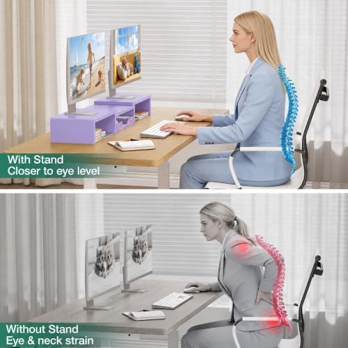 OPNICE Dual Computer Monitor Stand Riser, Desk Organizer with Drawer, Office Desk Accessories & Workspace Organizers for Home Office Supplies, Purple - Image 2