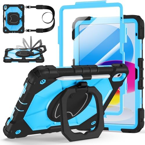 Case for iPad (A16) 11th/10th Generation 11/10.9 Inch 2025/2022, Ubearkk for iPad a16 case with Screen Protector, 360 Degree Rotating Stand Shoulder Strap Pencil Holder,Black Blue by Ubearkk