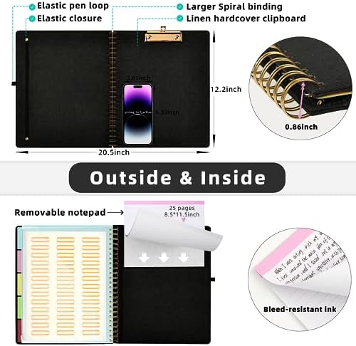 Ospelelf Black Foldable Spiral Clipboard Folio with Storage Zipper Pouch, 5 Plastic Folders with 10 Pockets,Refillable Lined Notepad (11" x 8.5"), Hardcover Project Organizer with 39 Stickers - Image 3