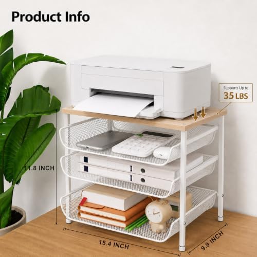 4-Tier Printer Stand with Storage for Desk, Wood Top, White - Image 5