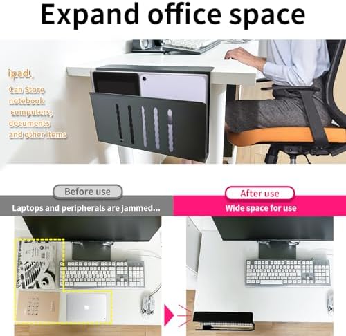 Desk Side Storage, Under Desk Storage, No Drill Steel Hanging Desk Organizer, Laptop Holder, Table Hanging Storages Holder for Office & Home (Black) - Image 4