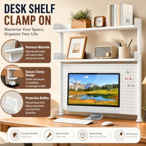 Clamp on Desk Organizer Shelf with Pegboard, Multipurpose Desktop Hutch Desk Bookshelf Desktop Bookcase Storage Rack Display Shelf for Home Office Dorm, Study Rooms, Bedrooms (White) - Image 4