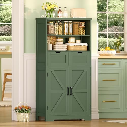 TEENFON Bathroom Cabinet with Adjustable Shelf & 2 Drawers, Farmhouse Storage Cabinet with 2 Doors, Kitchen Storage Cabinets for Living Room, Entryway, Home Office, Forest Green - Image 5