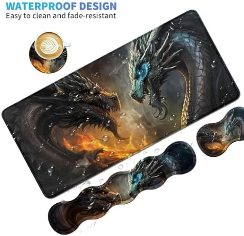 4Pcs Memory Foam Keyboard Wrist Rest Desk Mat Set, Flame Dragon - Image 4